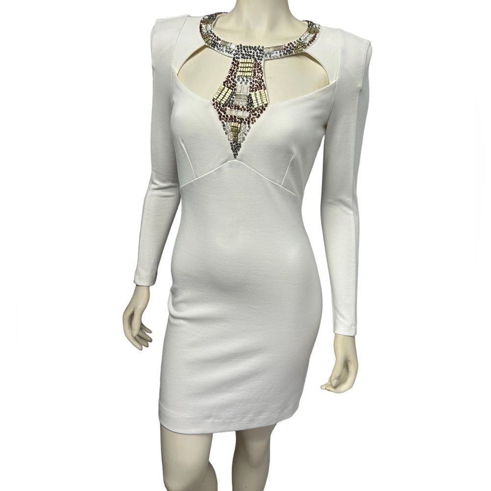 VENUS Ivory White Long Sleeve Mini Bodycon Dress Chest Cutouts Beaded Collar